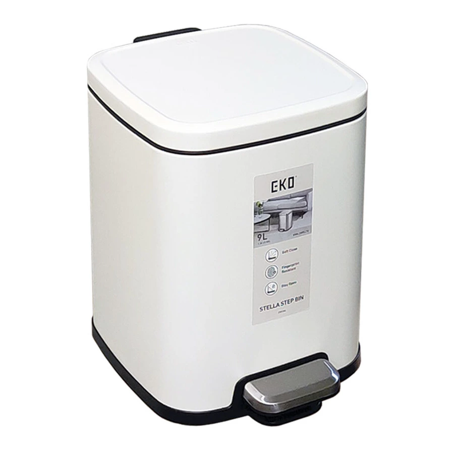 Ведро для мусора с педалью EKO Stella 9 л, сталь нержавеющая, белое
