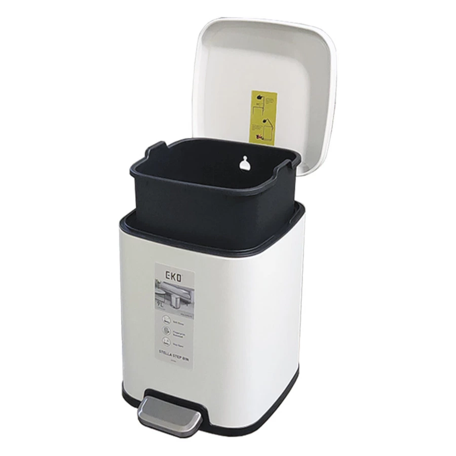 Ведро для мусора с педалью EKO Stella 9 л, сталь нержавеющая, белое