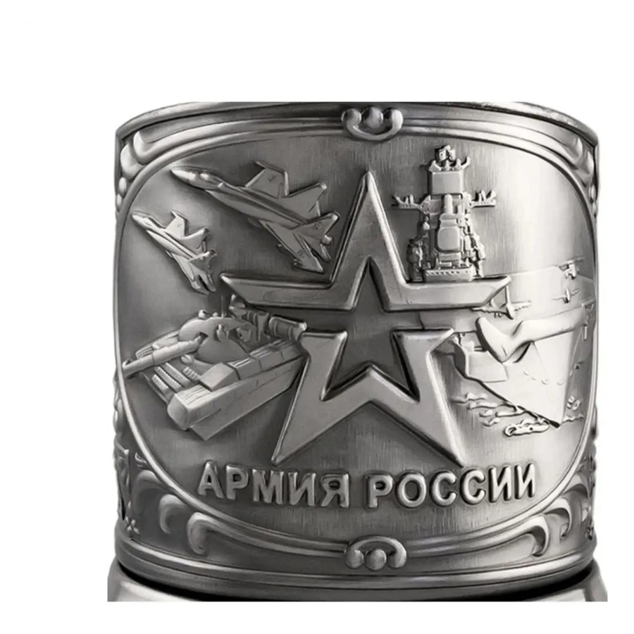 Стакан с подстаканником Кольчугинский мельхиор Армия никелированный с чернью 250  мл, латунь