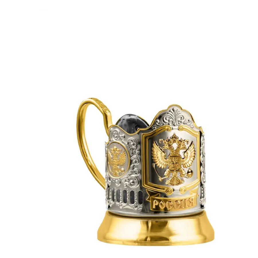 Стакан с подстаканником Кольчугинский мельхиор Герб РФ 250 мл, латунь