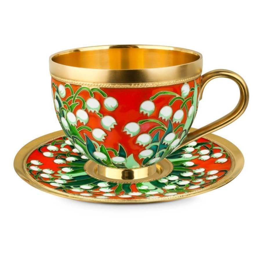 Чашка чайная с блюдцем Русские самоцветы 431,81 г, серебро 925, позолота