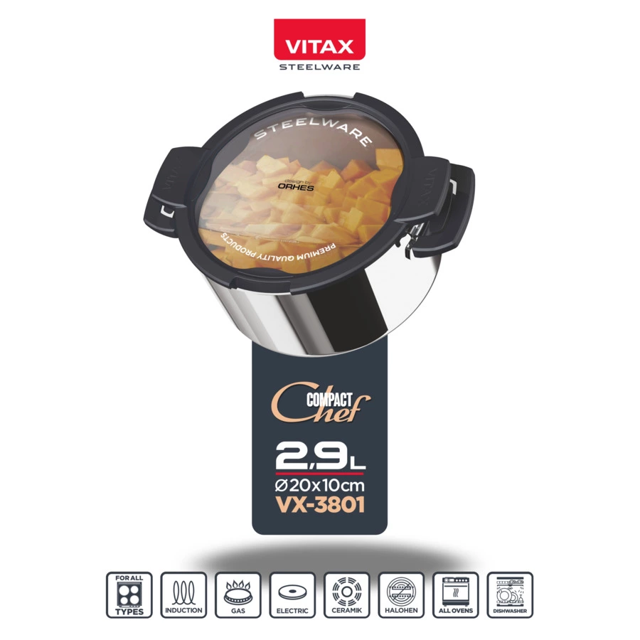 Кастрюля с крышкой Vitax 2,9 л, сталь нержавеющая