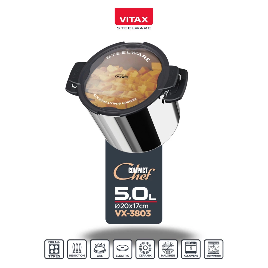 Кастрюля с крышкой Vitax 5 л, сталь нержавеющая