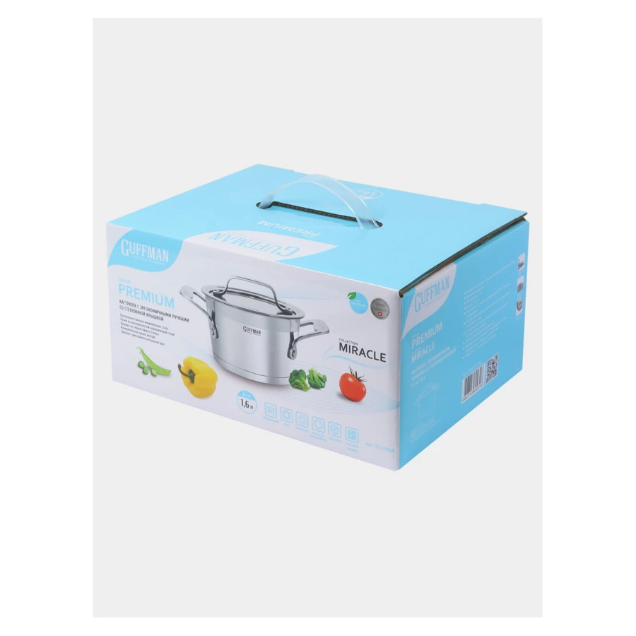 Кастрюля Guffman Miracle с крышкой и эргономичными ручками d16 см, 1,6 л, сталь нержавеющая