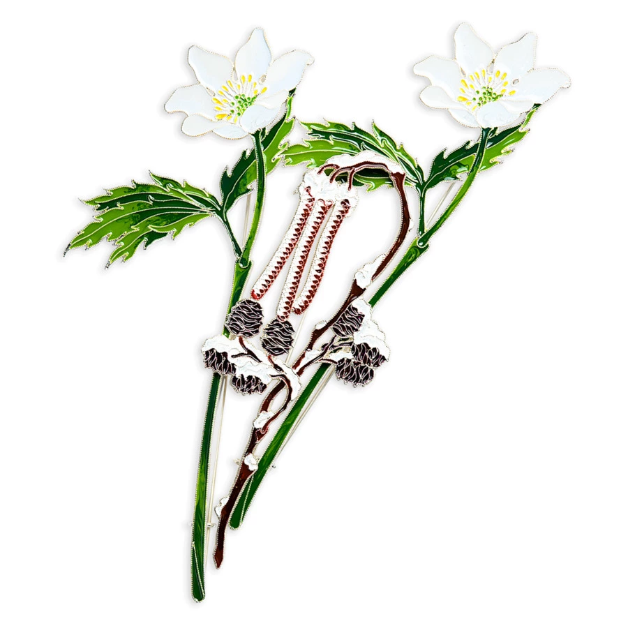 Брошь Русские самоцветы Ольха 19,89 г, серебро 925