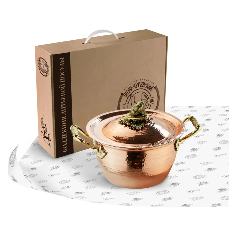 Кастрюля кованая с крышкой с лужением Кольчугинский мельхиор Чеснок 2 л, медь, чернение