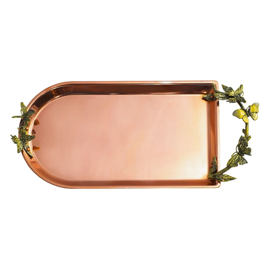 Поднос для чая с накладками Кольчугинский мельхиор Бабочки 35х16 см, медь