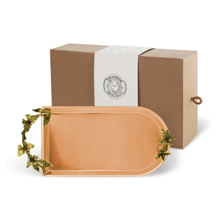 Поднос для чая с накладками Кольчугинский мельхиор Бабочки 35х16 см, медь