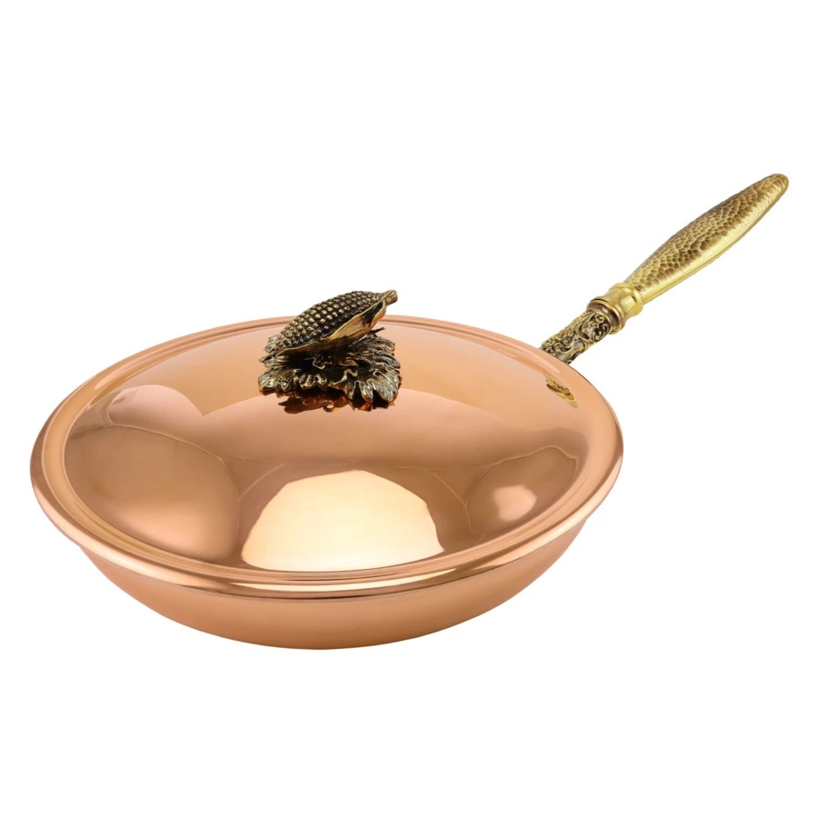 Сковорода с лужением, медной крышкой и резной ручкой Кольчугинский мельхиор Кукуруза 25 см, медь