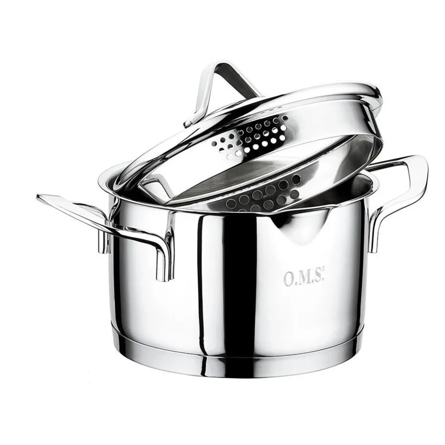 Кастрюля со сливным носиком и крышкой-дуршлагом O.M.S. 2,4 л, сталь нержавеющая, для индукции, п/к
