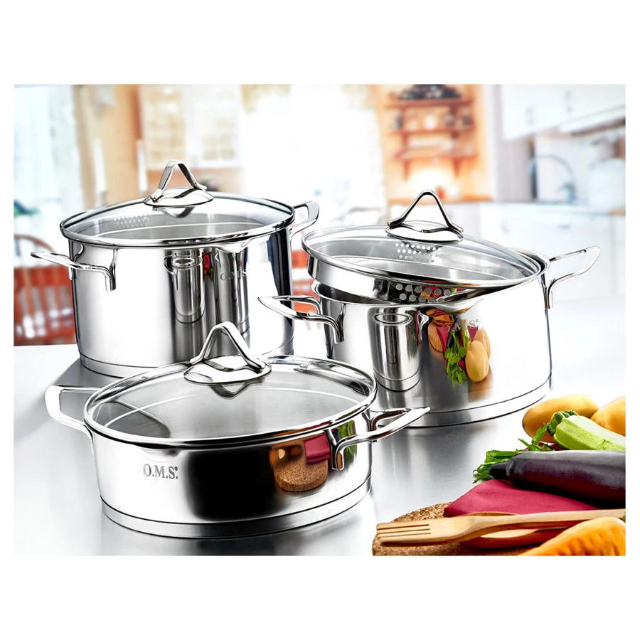 Кастрюля со сливным носиком и крышкой-дуршлагом O.M.S. 5,9 л, сталь нержавеющая, для индукции, п/к