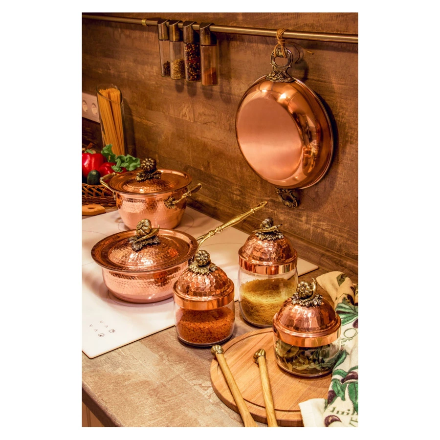 Банка для сыпучих продуктов с медной кованой крышкой Кольчугинский мельхиор Чеснок 920 мл, стекло