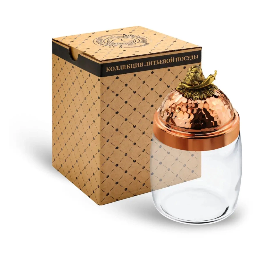 Банка для сыпучих продуктов с медной кованой крышкой Кольчугинский мельхиор Чеснок 920 мл, стекло