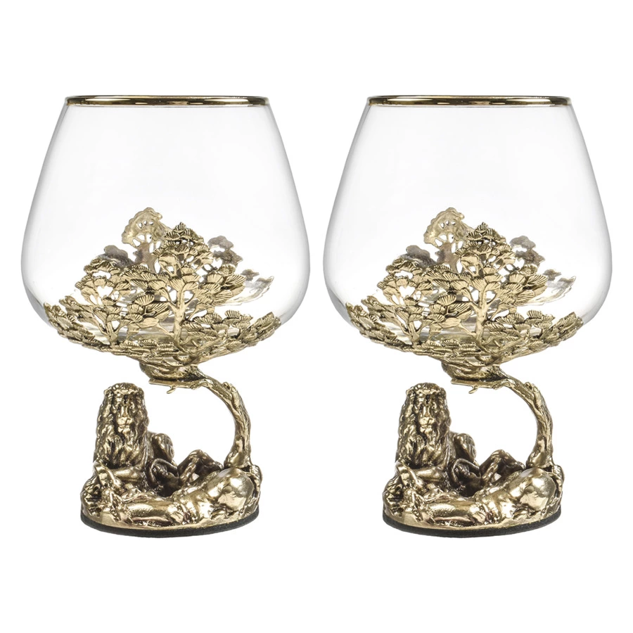 Набор бокалов для коньяка Город подарков Лев на камне 420 мл, 2 шт, деревянная шкатулка