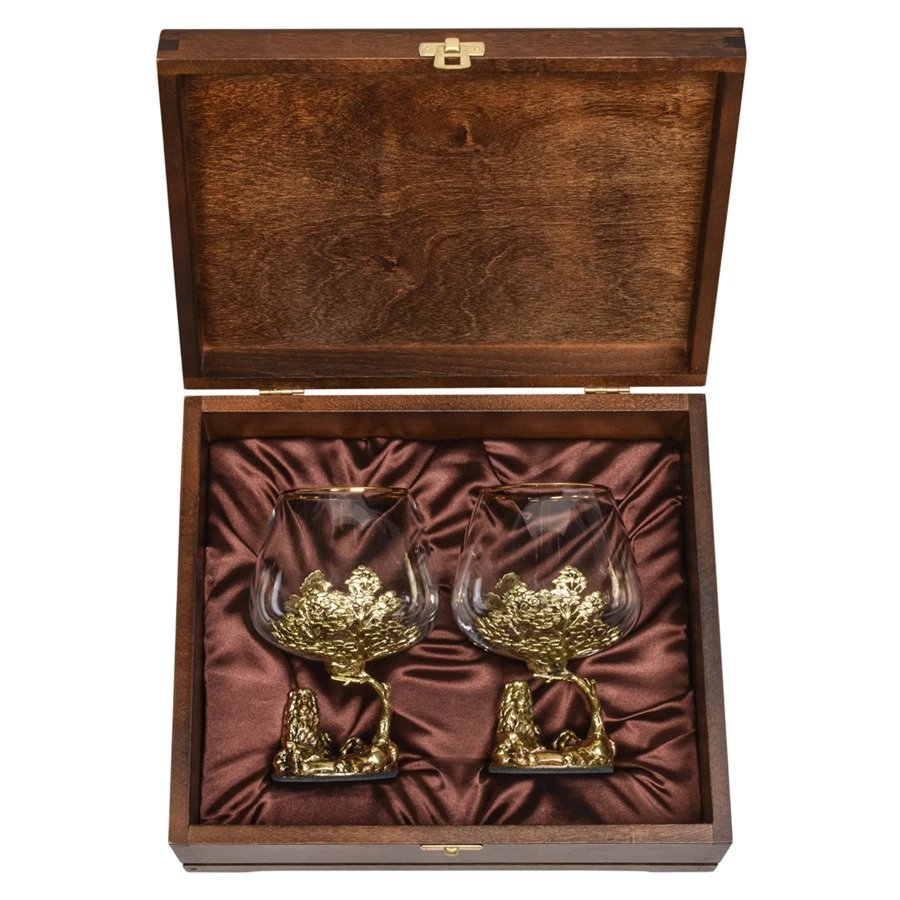Набор бокалов для коньяка Город подарков Лев на камне 420 мл, 2 шт, деревянная шкатулка