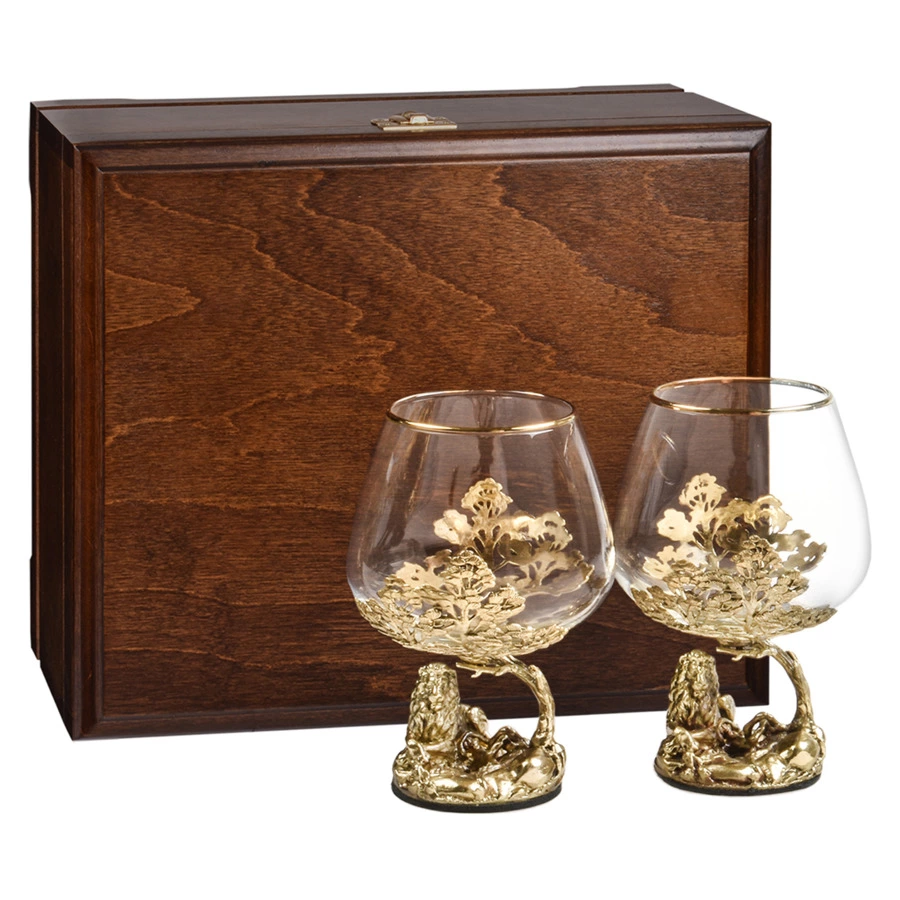 Набор бокалов для коньяка Город подарков Лев на камне 420 мл, 2 шт, деревянная шкатулка