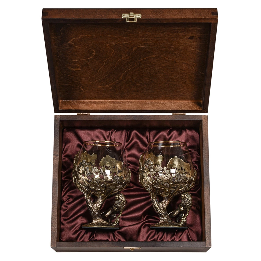 Набор бокалов для коньяка Город подарков Лев 420 мл, 2 шт, деревянная шкатулка