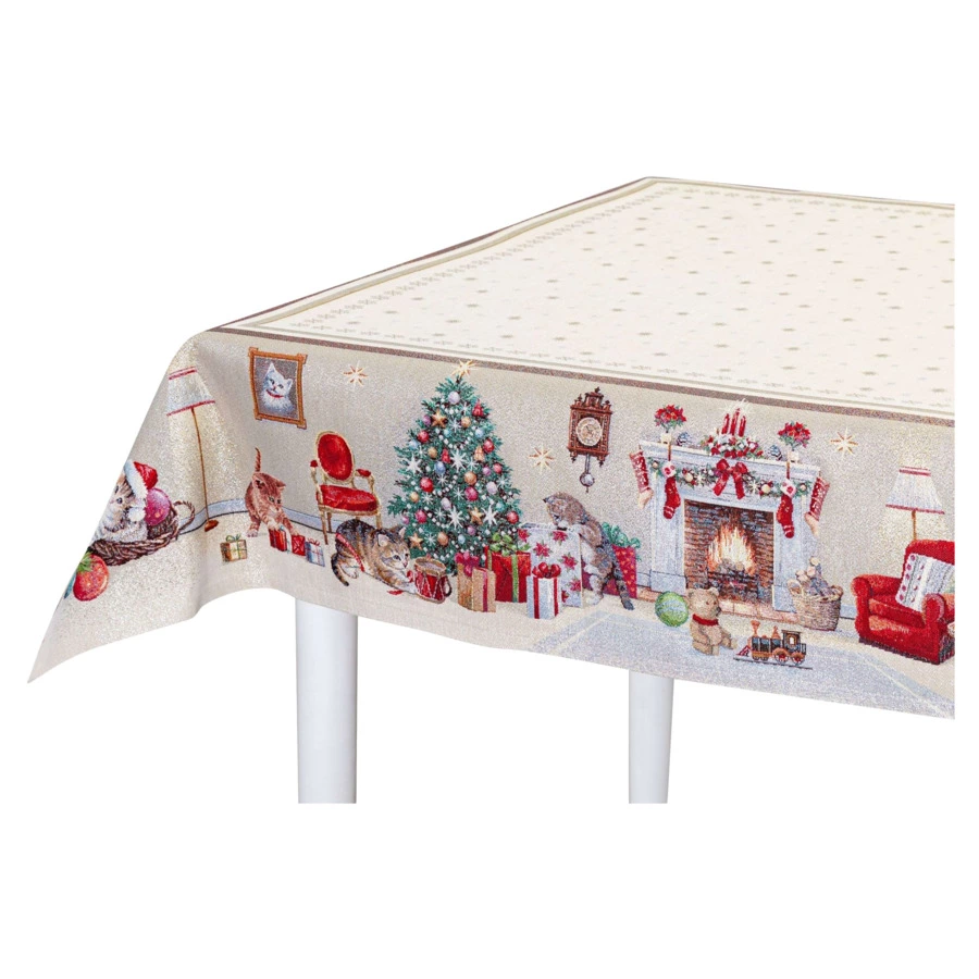 Скатерть прямоугольная Mix&Match Home Котята у камина 140х240 см, гобелен, бежевый