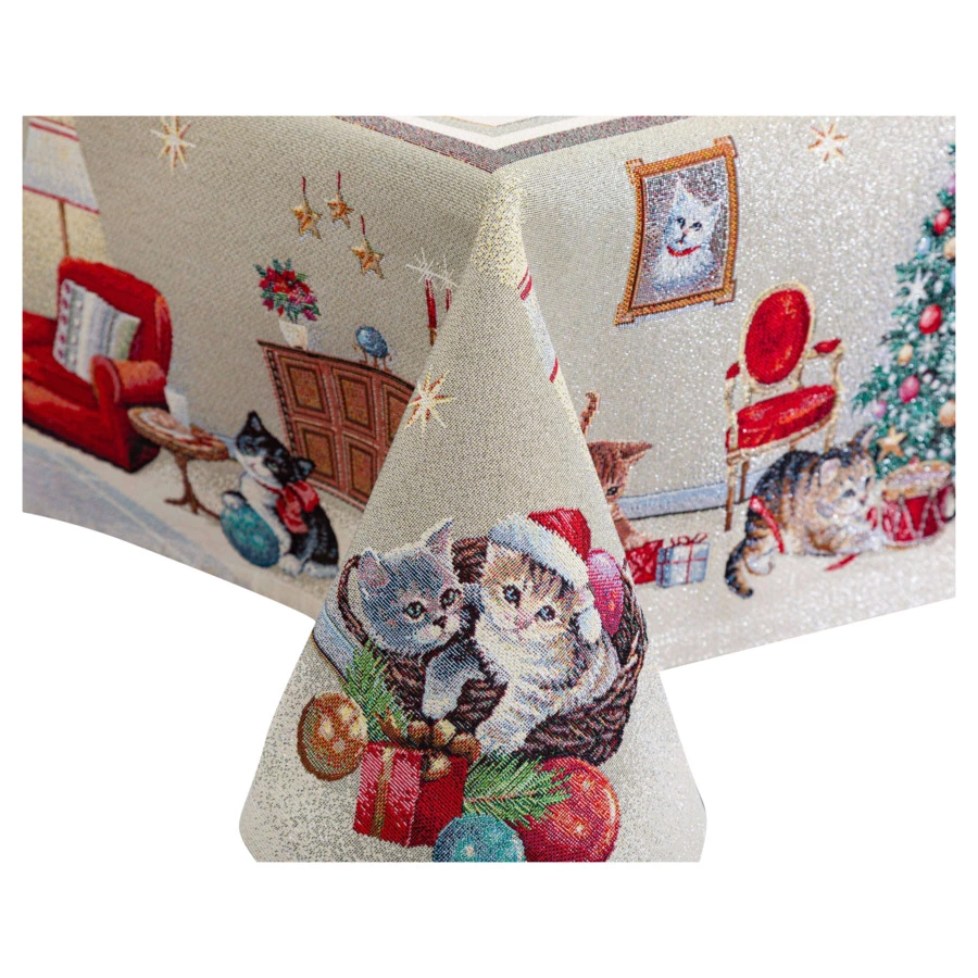 Скатерть прямоугольная Mix&Match Home Котята у камина 140х240 см, гобелен, бежевый
