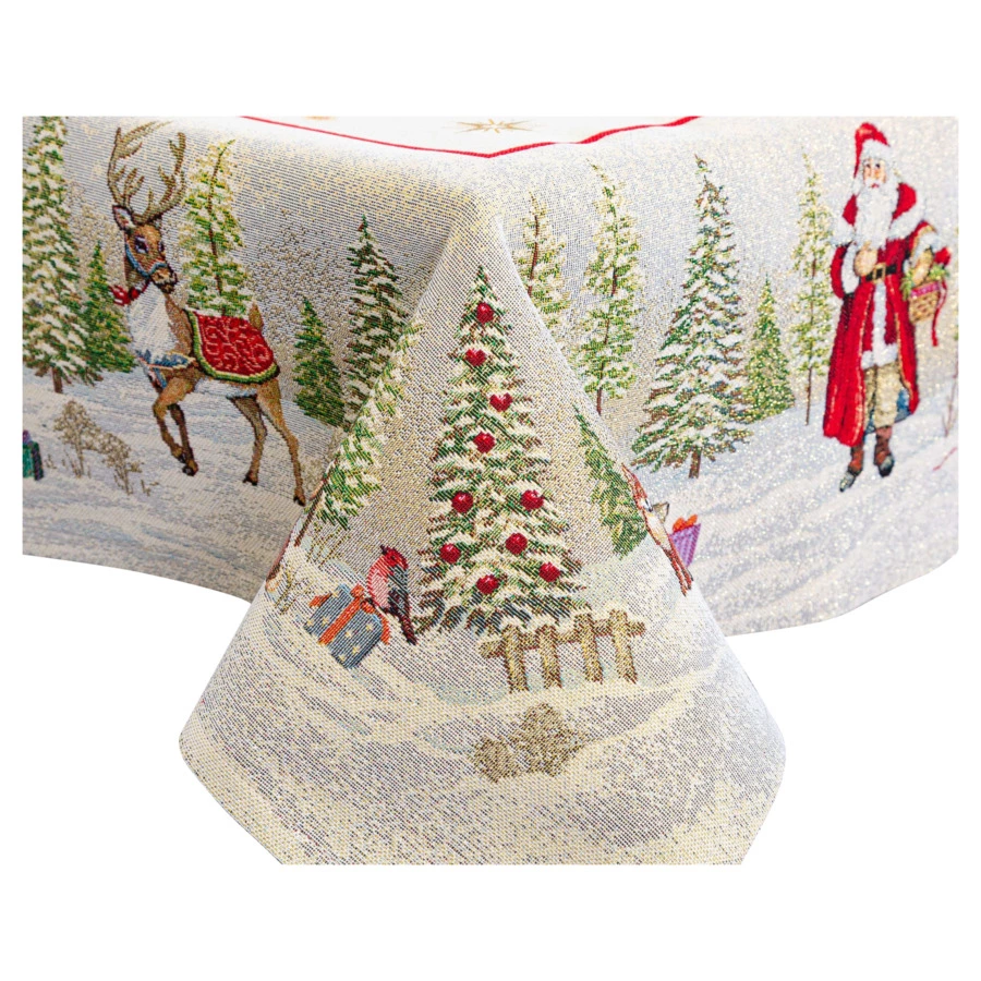 Скатерть прямоугольная Mix&Match Home Дед Мороз в волшебном лесу 140х180 см, гобелен, бежевый