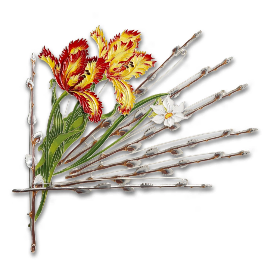Брошь Русские самоцветы Дворцовый тюльпан 40,39 г, серебро 925