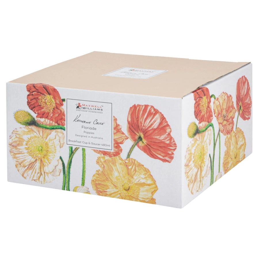 Чашка чайная с блюдцем Maxwell & Williams Флориада Маки 480 мл, фарфор костяной, п/к