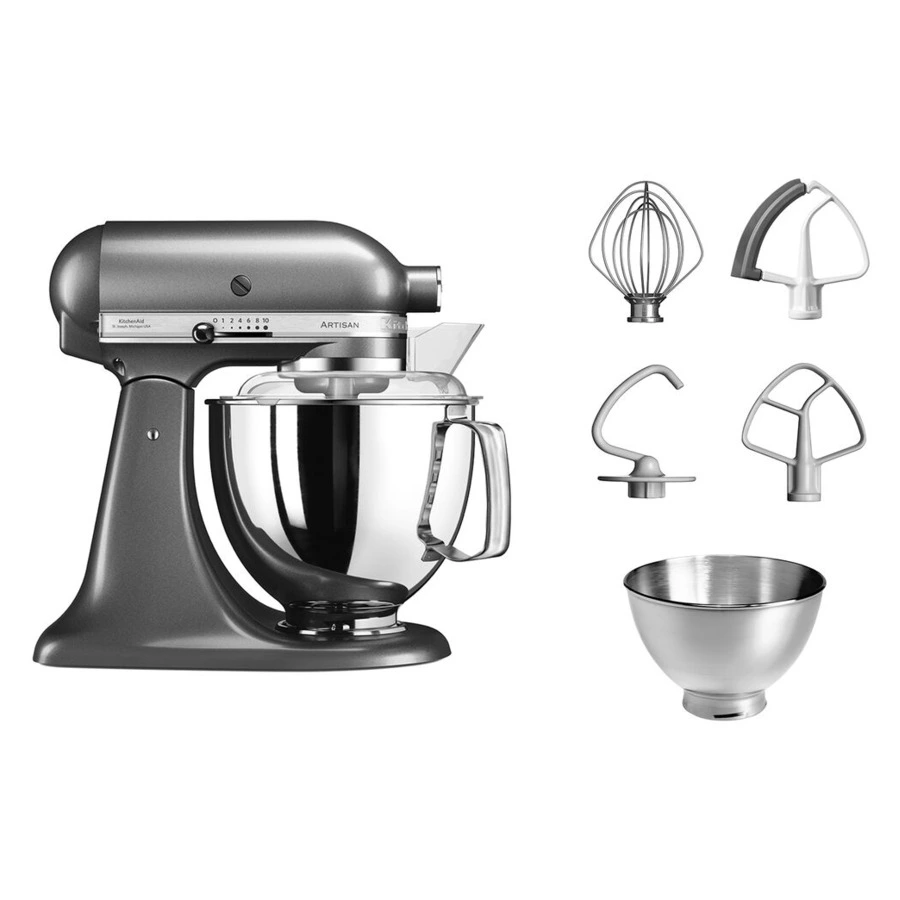 Миксер планетарный KitchenAid Artisan 4,8 л, 4 насадки, экран, 2 чаши, 5KSM175PSEMS, серебряный