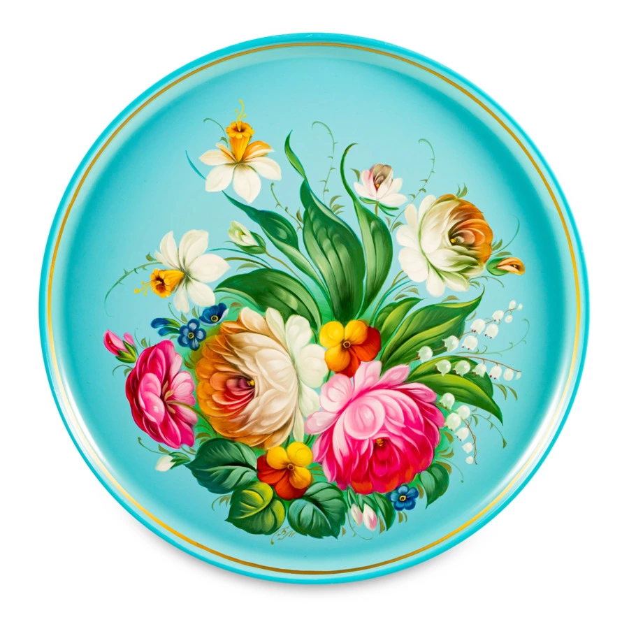 Поднос Жостовская фабрика декоративной росписи НХПР Приозерная 37 см, сталь нержавеющая, голубой