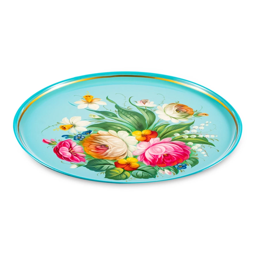 Поднос Жостовская фабрика декоративной росписи НХПР Приозерная 37 см, сталь нержавеющая, голубой