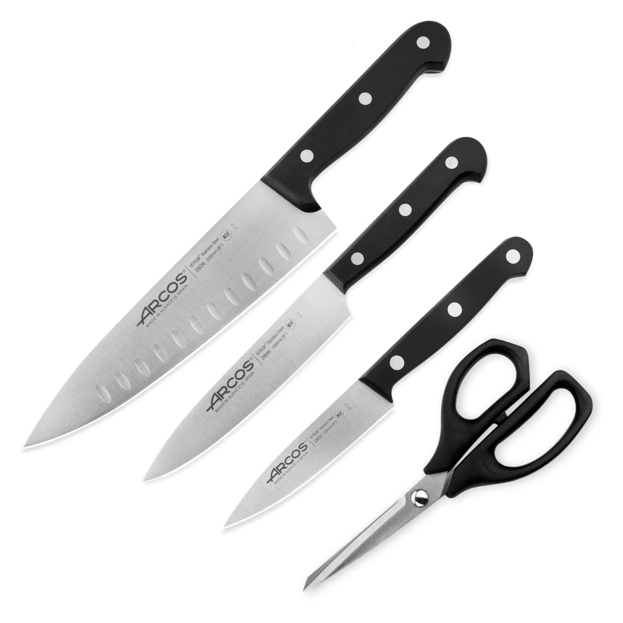 Набор ножей Arcos Universal 3 шт 10 см, 15 см, 20 см +ножницы в подарок , сталь нержавеющая, п/к