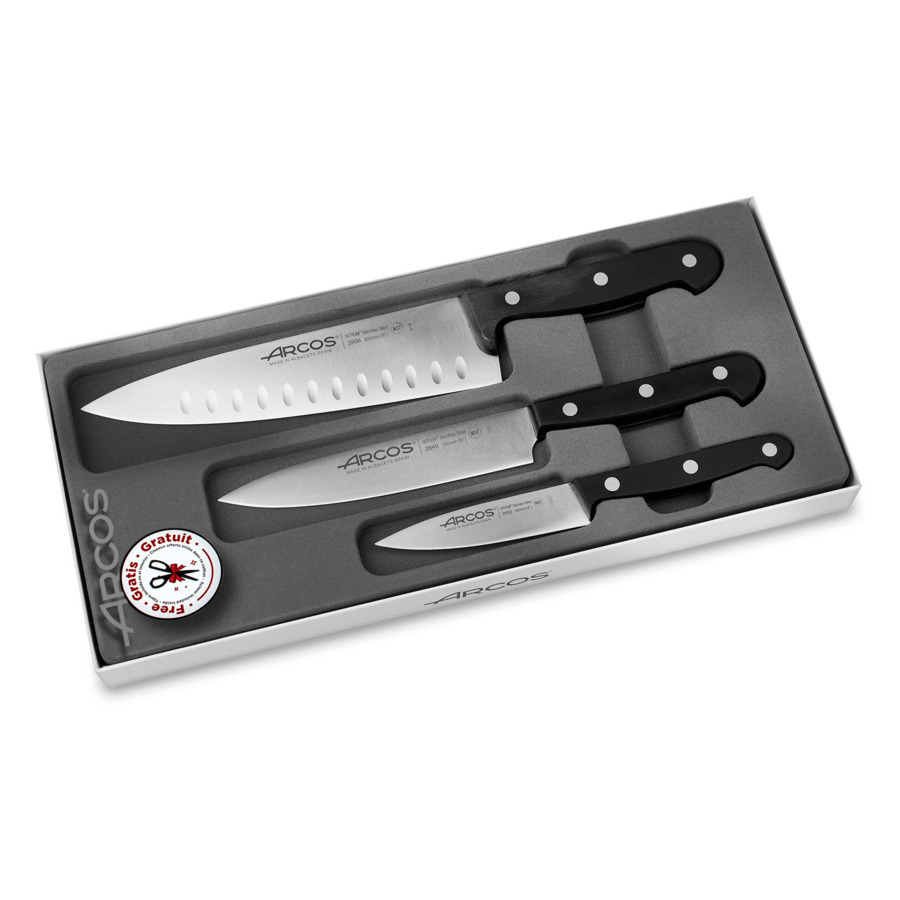 Набор ножей Arcos Universal 3 шт (10 см, 15 см, 20 см) +ножницы в подарок , сталь нержавеющая, п/к