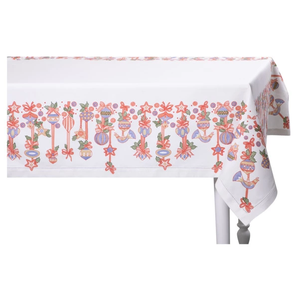 Скатерть прямоугольная Mix&Match Home Новогодние игрушки 168х250 см, хлопок, белая с принтом
