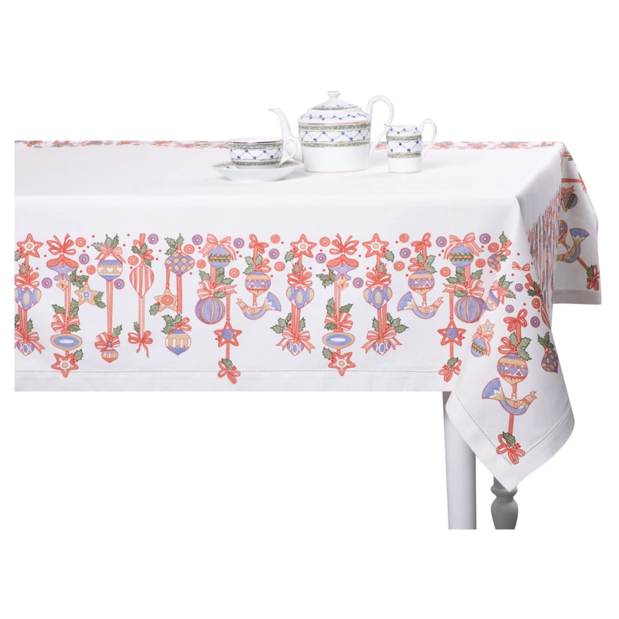 Скатерть прямоугольная Mix&Match Home Новогодние игрушки 168х250 см, хлопок, белая с принтом
