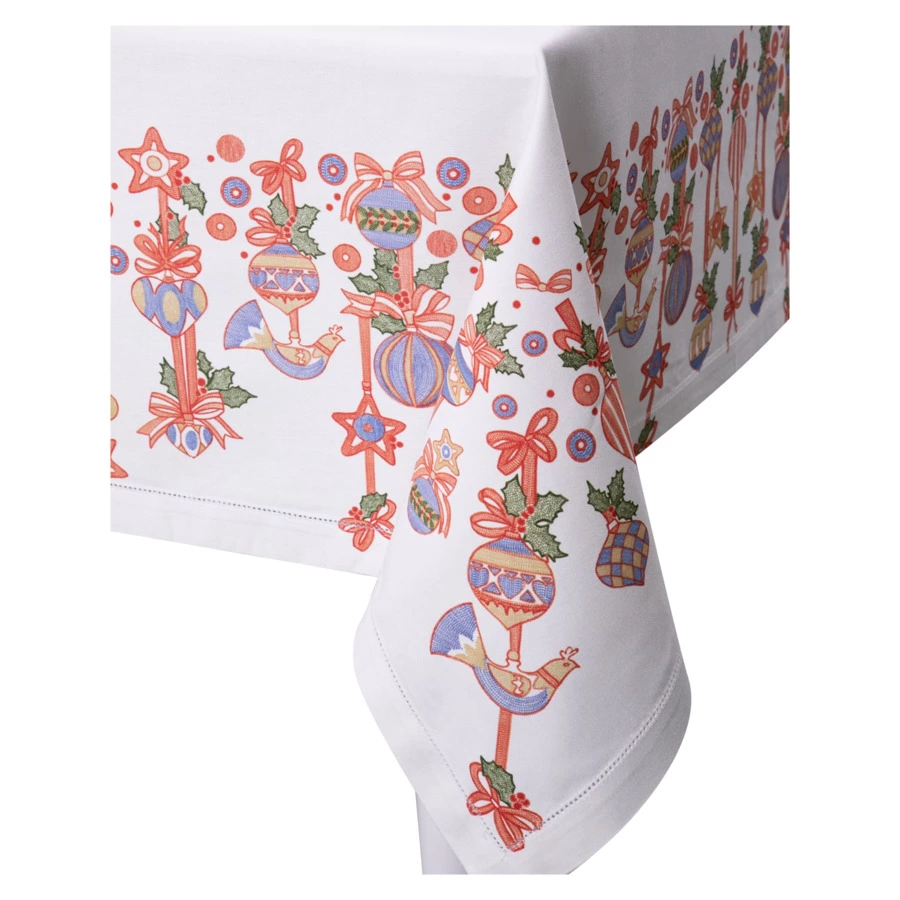 Скатерть прямоугольная Mix&Match Home Новогодние игрушки 168х250 см, хлопок, белая с принтом