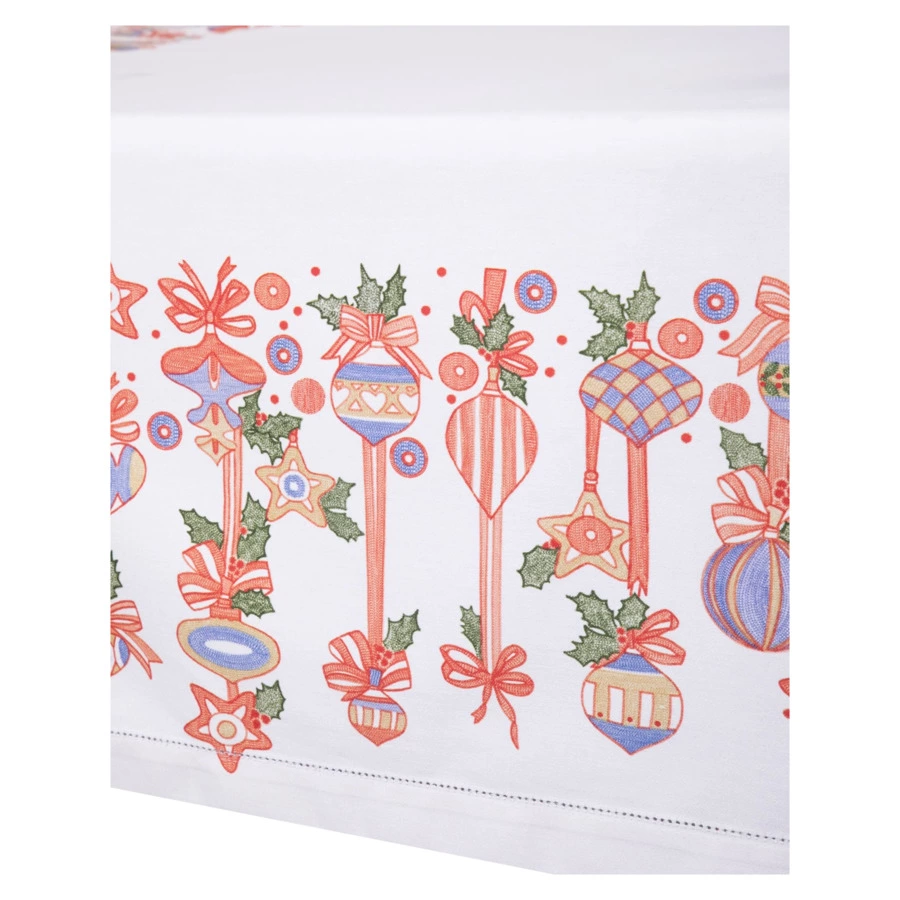 Скатерть прямоугольная Mix&Match Home Новогодние игрушки 168х250 см, хлопок, белая с принтом