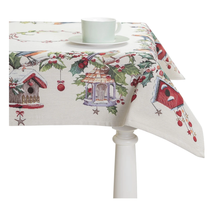 Скатерть-наперон Mix&Match Home Зимний пир Скворечники 100х100 см, гобелен, бежевый