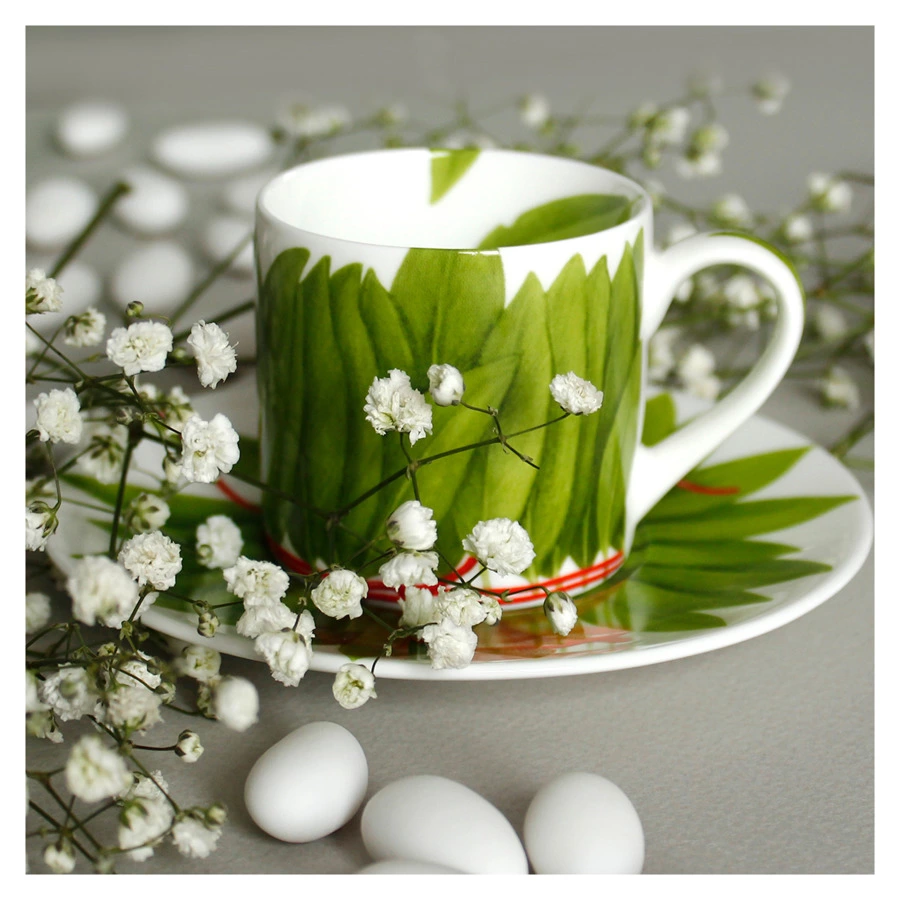 Чашка кофейная с блюдцем Taitu Лист с красной нитью 100 мл, фарфор костяной