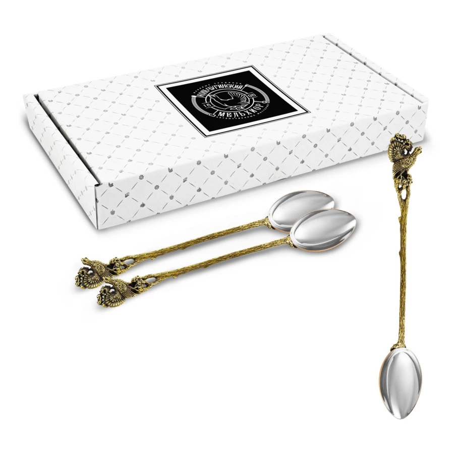 Набор ложек кофейных в коробке Кольчугинский мельхиор Охотничий домик Глухарь 18 см, 3 шт, латунь