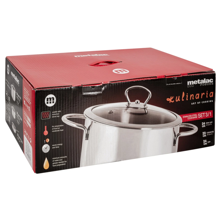 Набор кухонной посуды (кастрюля 24 см, сотейник 20 см, сковорода 24 см) Metalac Кулинария, сталь нер