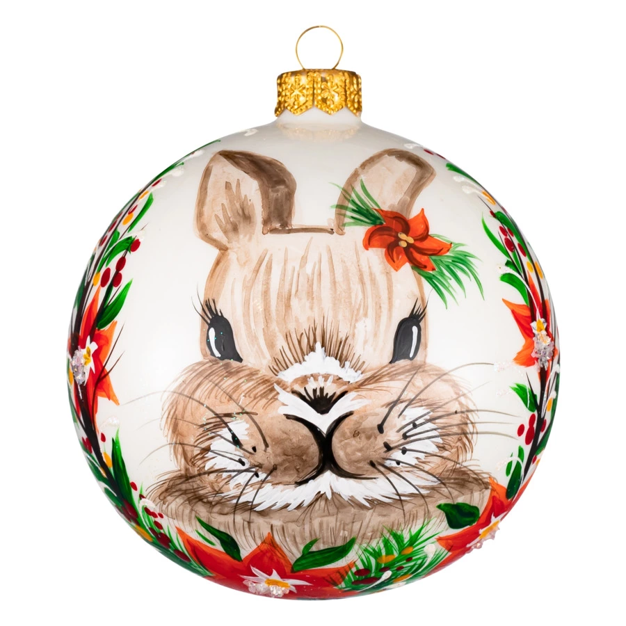 Украшение елочное шар Bartosh Кролик и пуасетия 10 см, стекло