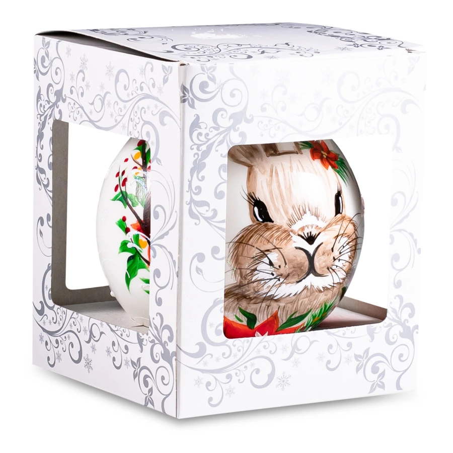 Украшение елочное шар Bartosh Кролик и пуасетия 10 см, стекло