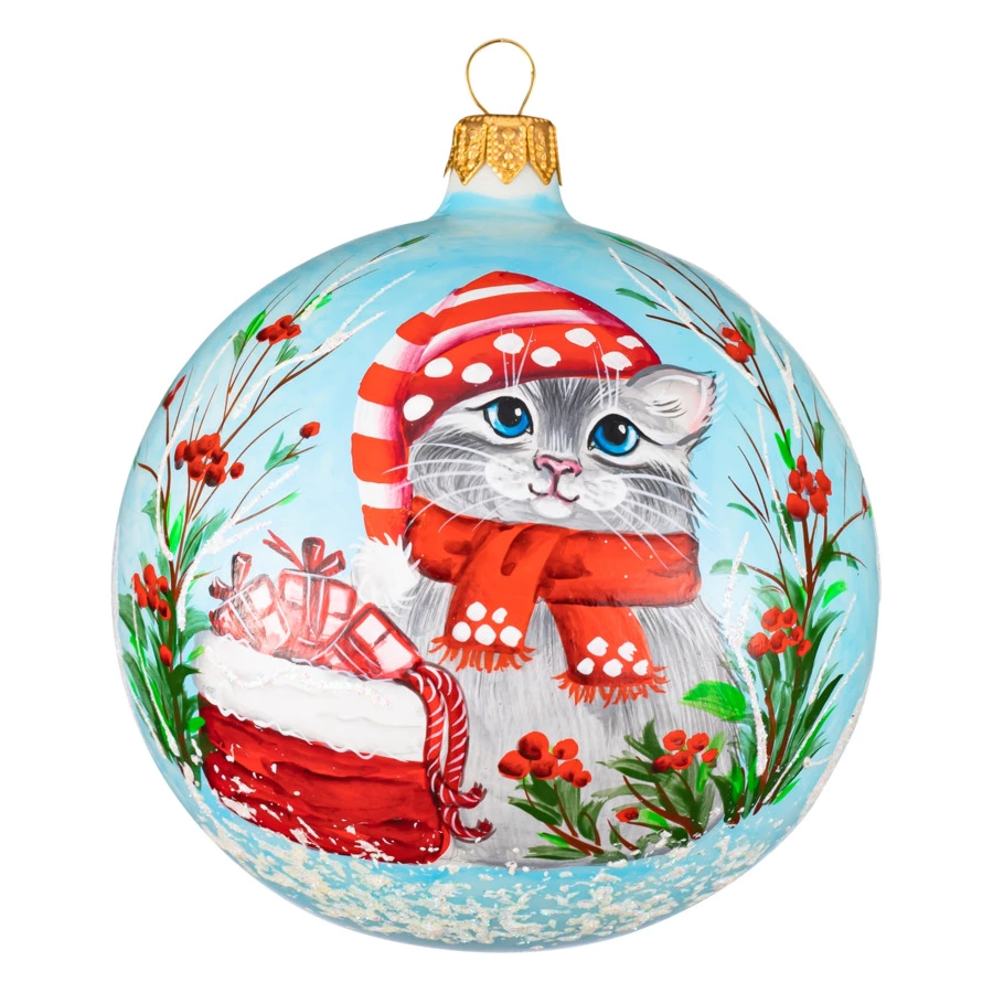 Украшение елочное шар Bartosh Кот в шапке 10 см, стекло