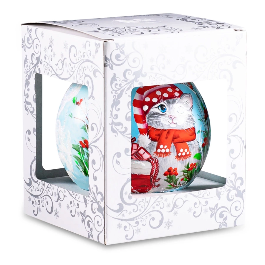 Украшение елочное шар Bartosh Кот в шапке 10 см, стекло