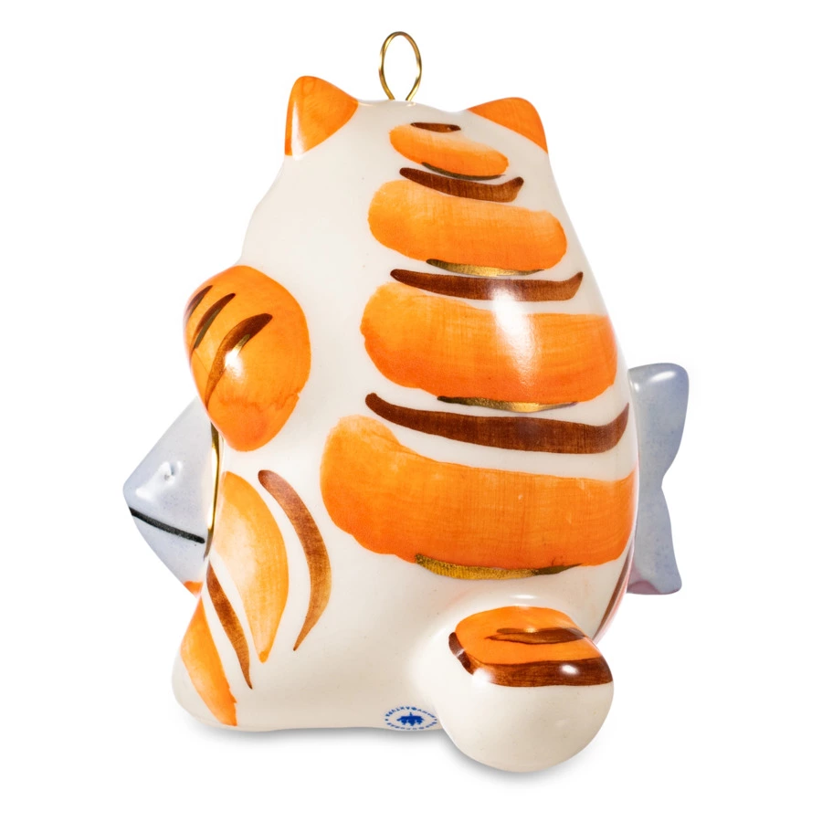 Украшение елочное Фарфоровая мануфактура Котик рыжий с рыбкой 9 см, фарфор твердый