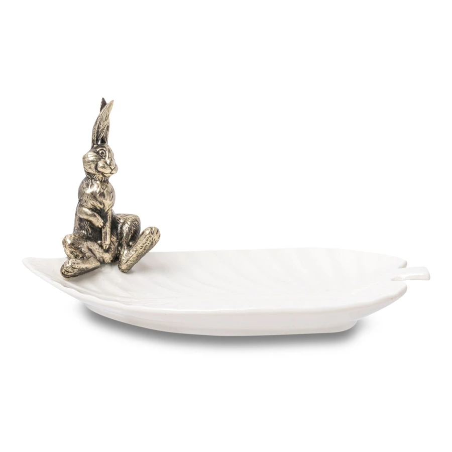 Менажница Город подарков Заяц на листе 19,5х13х19,5 см, керамика, нейзильбер, белый, п/к