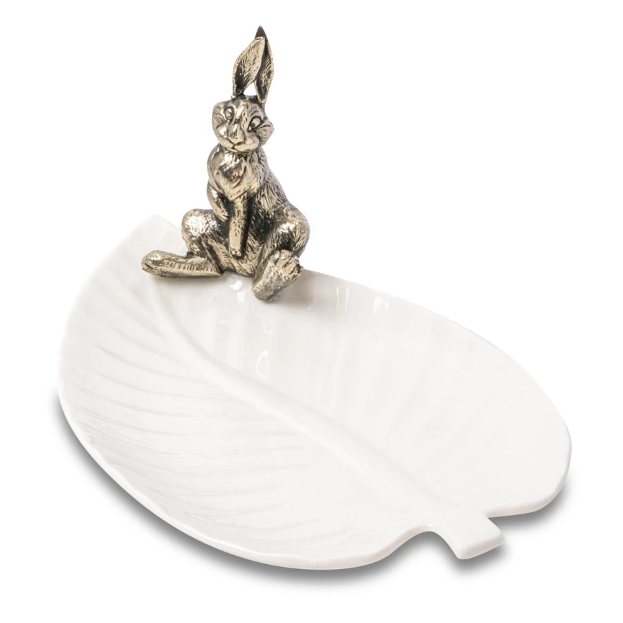 Менажница Город подарков Заяц на листе 19,5х13х19,5 см, керамика, нейзильбер, белый, п/к