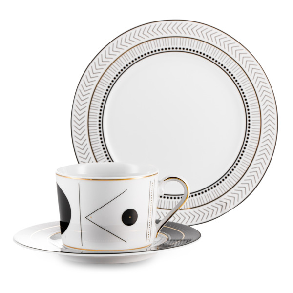 Чашка чайная с блюдцем и тарелкой Cmielow Art deco, фарфор твердый, белая, п/к