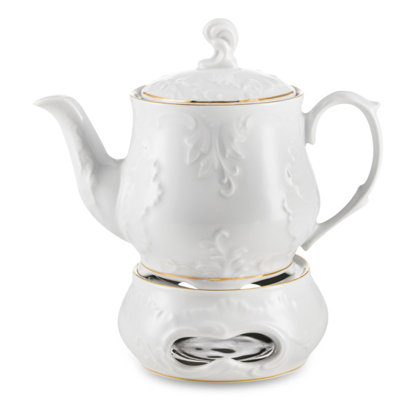 Чайник заварочный с подогревом Cmielow Rococo 600 мл, фарфор твердый, белый с золотом