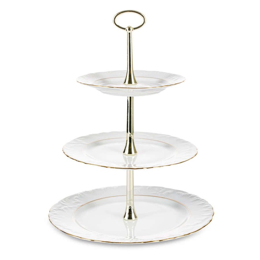 Этажерка трехъярусная Cmielow Rococo, фарфор твердый, белый с золотом