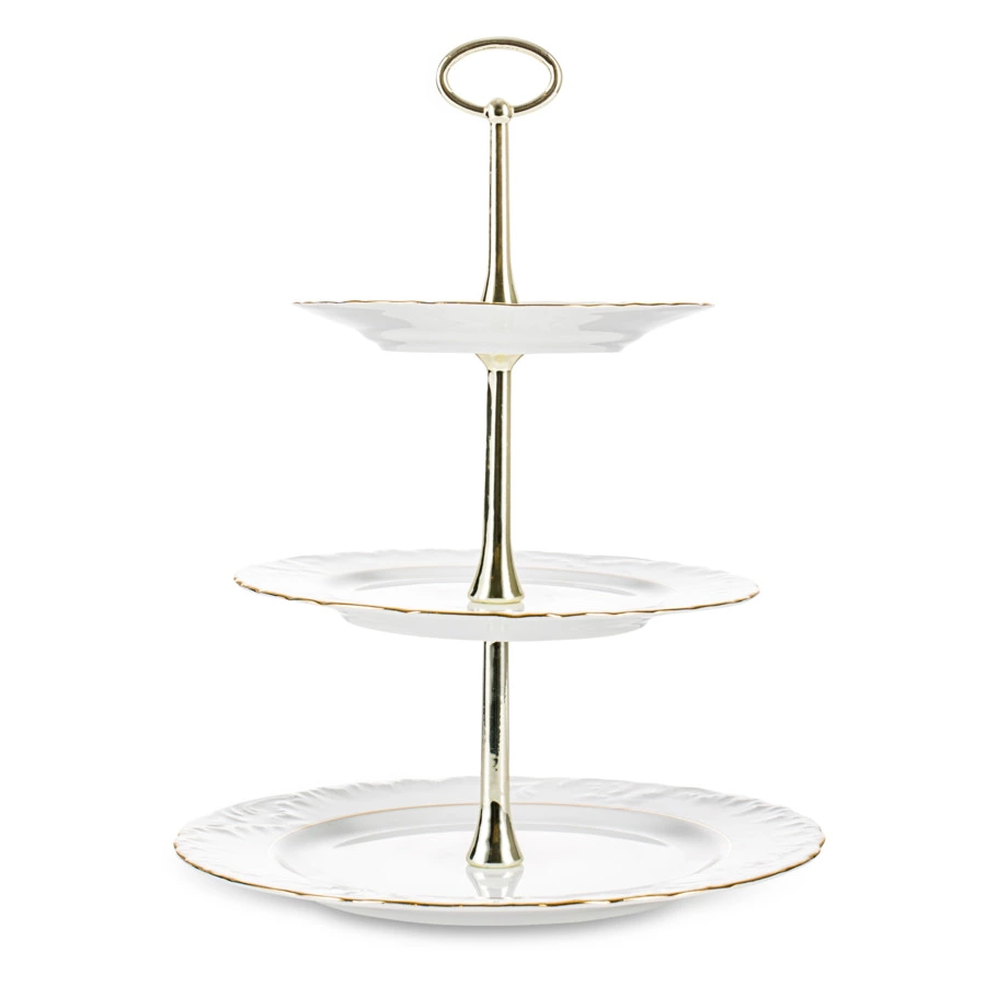 Этажерка трехъярусная Cmielow Rococo, фарфор твердый, белый с золотом